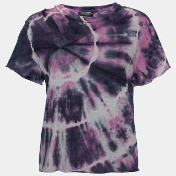 Pre Owned Amiri Purple Tie Dye Printed Cotton Distressed Crew Neck Top L