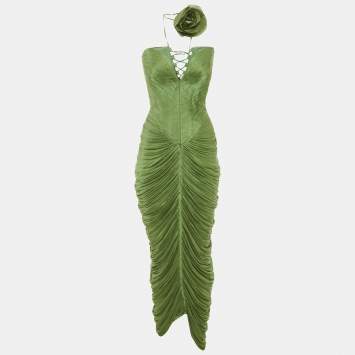 Pre Owned فستان أنا رادو حرير أخضر مزين بورود مُطَّوَى بدون حمالات صغير