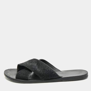 Pre Owned Ancient Greek Sandals Black Calf Hair Crisscross Flat Slides Size 40
