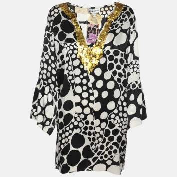 Pre Owned Anna Scholz Black/White Printed Satin Silk Sequin Kaftan XL