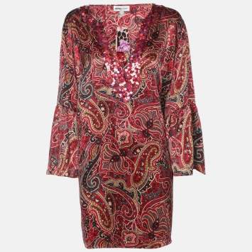 Anna Scholz Red Printed Satin Sequin Embellished Tunic XL
