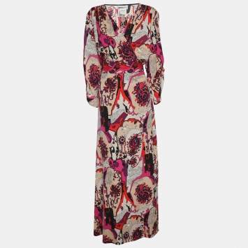 Anna Scholz Multicolor Stretch Silk Paisley Print Wrap Maxi Dress XXL