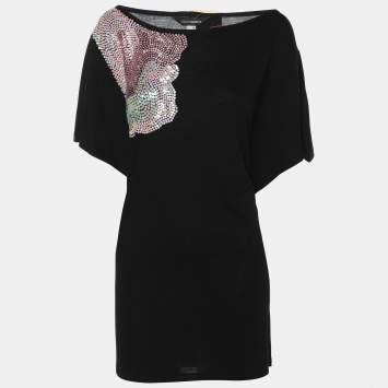 Anna Scholz Black Jersey Sequined Slash Neck Top XL