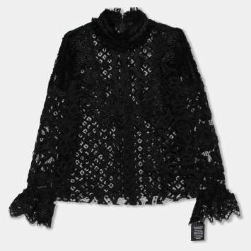 Pre Owned Anna Sui Black Lace Ruffle Trimmed Long Sleeve Blouse M