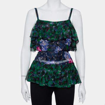 Pre Owned Anna Sui Multicolor Printed Silk Ruffled Sleeveless Top S
