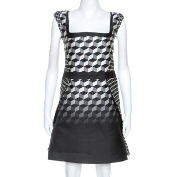 مملوكة مسبقًا Antonio Berardi Monochrome Geometric Patterned Jacquard Silk Mini Dress M