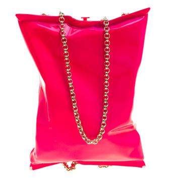 Pre Owned Anya Hindmarch Neon Pink Metallic Crisp Packet Clutch