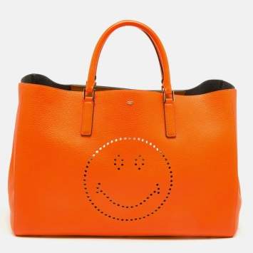 Pre Owned Anya Hindmarch Neon Orange Leather Featherweight Smiley Ebury Tote