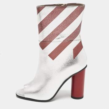 Anya Hindmarch Silver/Burgundy Stripe Leather Peep Toe Ankle Boots Size 37