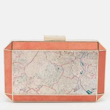 Pre Owned Anya Hindmarch Coral Orange Map Fabric and Suede Duke Box Clutch