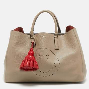Pre Owned Anya Hindmarch Beige Leather Featherweight Smiley Ebury Tote