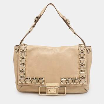 Pre Owned Anya Hindmarch Beige Leather Studded Flap Top Handle Bag