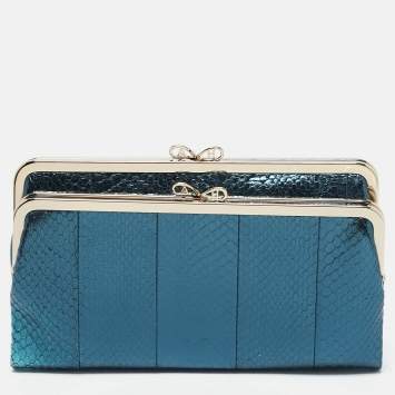 Anya Hindmarch Metallic Blue Watersnake Double Frame Clutch