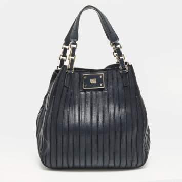 Pre Owned Anya Hindmarch Belvedere Navy Blue Striped Leather and Suede Tote