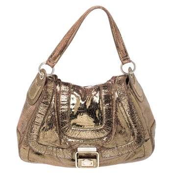 Pre Owned Anya Hindmarch Gold Laminated Suede Crackle Effect Flap Buckle Shoulder Bag