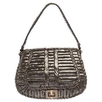 Pre Owned Anya Hindmarch Metallic Grey Woven Leather Flap Hobo