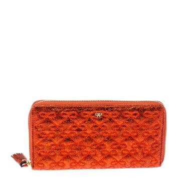 Pre Owned Anya Hindmarch Metallic Orange Textured Embossed Leather Zip Around Wallet