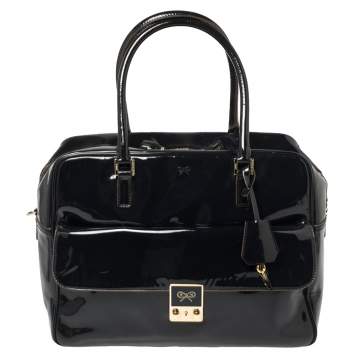 Pre Owned Anya Hindmarch Navy Blue Patent Leather Carker Satchel