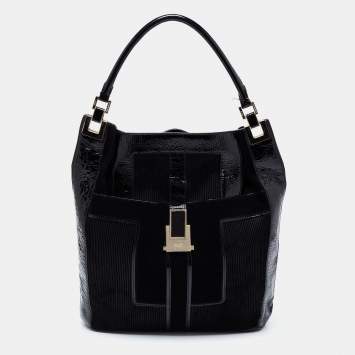 Pre Owned Anya Hindmarch Black Patent Leather and Suede Pushlock Pocket Tote
