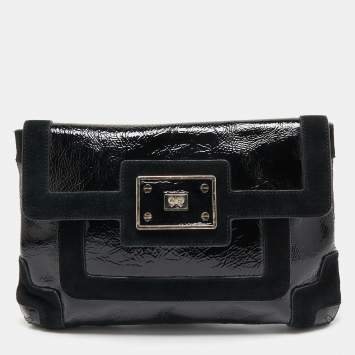 Pre Owned Anya Hindmarch Black Patent Leather And Suede Flap Clutch