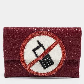 Pre Owned Anya Hindmarch Red Glitter No Mobiles Valorie Clutch