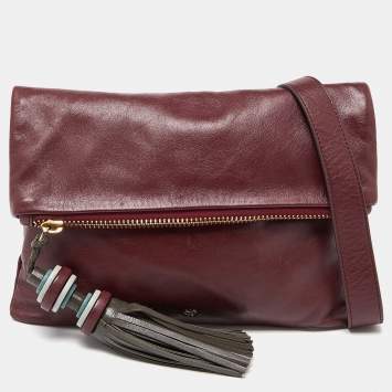 Pre Owned Anya Hindmarch Burgundy Leather Foldover Tassel Crossbody Bag