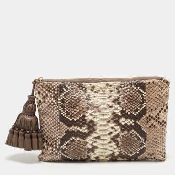 Pre Owned Anya Hindmarch Beige Python Zip Tassel Pouch