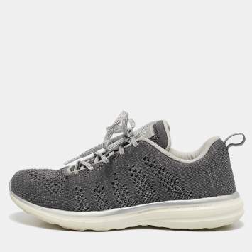 Pre Owned APL Silver/Grey Knit Fabric Runner Lace Up Sneakers Size 37
