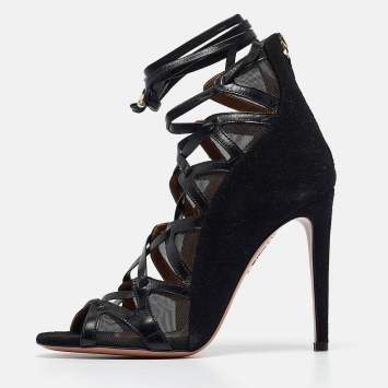 Pre Owned Aquazzura Black Suede and Mesh French Lover Sandals Size 35