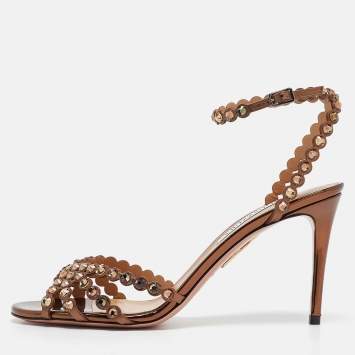 Pre Owned Aquazzura Brown Leather Crystal Embellished Ankle Strap Sandals Size 40