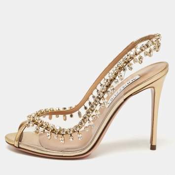 Pre Owned Aquazzura Gold Leather and PVC Temptation Slingback Sandals Size 36