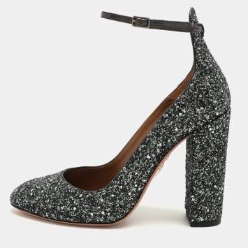 Pre Owned Aquazzura Green Glitter Alix Ankle Strap Pumps Size 40