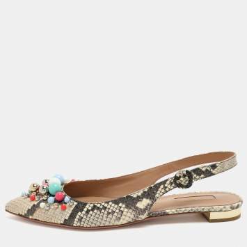 Pre Owned Aquazzura Brown/Beige Python Embossed Leather Embellished Bonbon Slingback Flats Size 40
