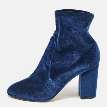 Pre Owned Aquazzura Blue Velvet Ankle Length Boots Size 39.5