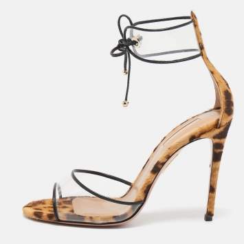 Pre Owned Aquazzura Brown Calf Hair and PVC Ankle Strap Sandals Size 37.5