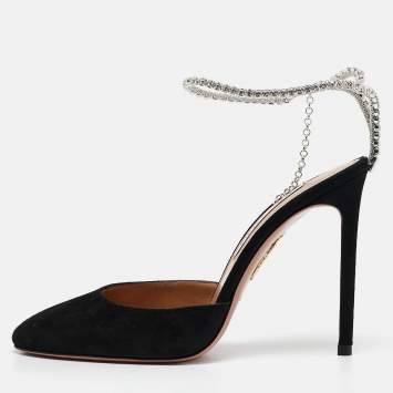Pre Owned Aquazzura Black Suede Ice Ankle Strap Pumps Size 38