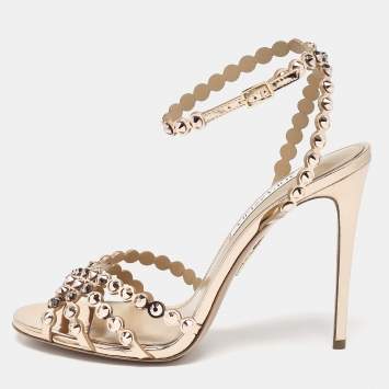 Pre Owned Aquazzura Rose Gold Crystal Embellished Leather Tequila Ankle Strap Sandals Size 41