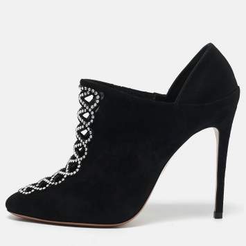 Pre Owned Aquazzura Black Suede Leather and Satin Crystal Embellished Amour Pumps Size 37.5