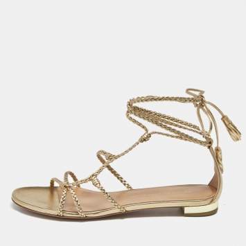 Aquazzura Gold Leather Brasilia Flat Sandals Size 39