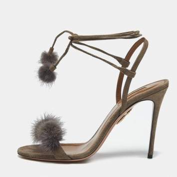 Aquazzura Grey Mink Fur and Suede Wild Russian Ankle Wrap Sandals Size 39