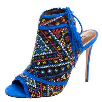 Pre Owned Aquazzura Multicolor Embroidered Fabric and Suede Colorado Peep Toe Sandals Size 38.5