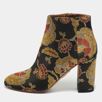 Pre Owned Aquazzura Multicolor Floral Brocade Fabric Brooklyn Oriental Ankle Boots Size 37