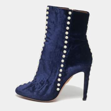 Pre Owned Aquazzura Navy Blue Velvet Follie Pearls Ankle Boots Size 36.5