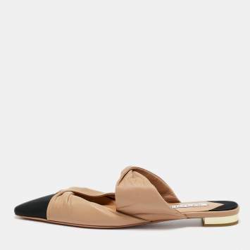 Pre Owned Aquazzura Beige/Black Leather and Fabric Twist Cap Toe Mules Size 38