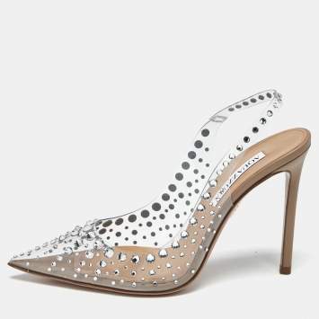 Pre Owned Aquazzura Transparent PVC Crystal Embellished Starburst Slingback Pumps Size 37.5