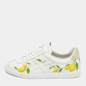 مملوكة مسبقًا Aquazzura White/Gold Leather and Snakeskin Embossed A Lemon-print Lace Up Sneakers Size 36.5 