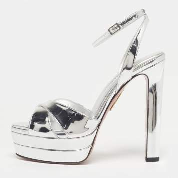Pre Owned Aquazzura Divine Plateau Size 38 Silver Patent Leather Platform Ankle Strap Sandals