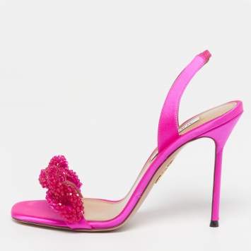 Pre Owned Aquazzura Chain of Love Size 38.5 Pink Satin Slingback Sandals
