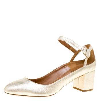Pre Owned Aquazzura Metallic Gold Laminated Leather Sweet Thing Block Heel Ankle Strap Pumps Size 40
