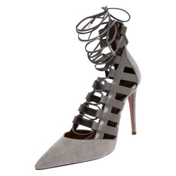 Pre Owned Aquazzura Grey Suede and Leather Amazon Cut Out Strappy Pointed Toe Pumps Size 40.5